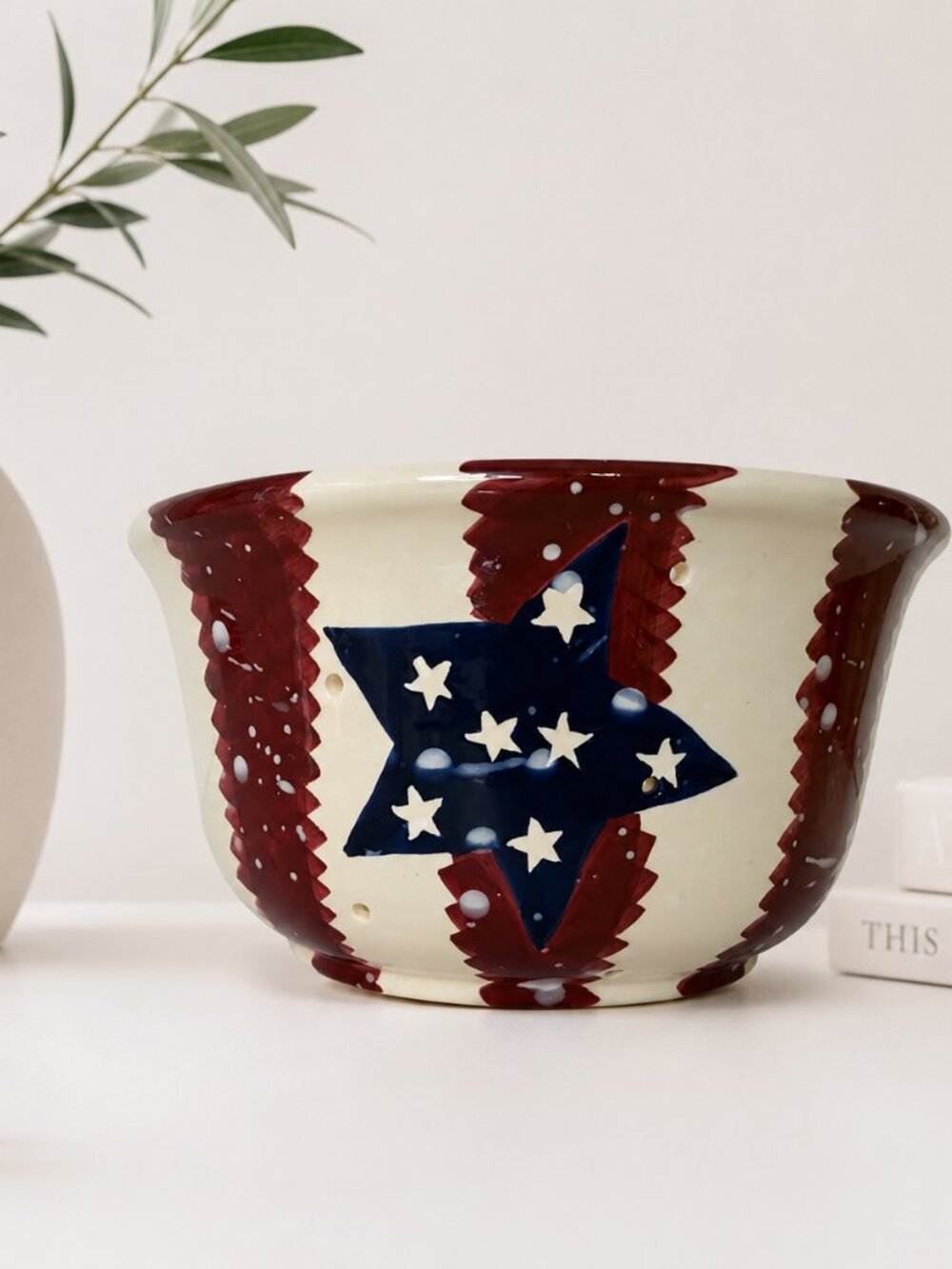 Bella Casa Patriotic Luminary Candle Holder Americana Star Pierced Pottery Decor